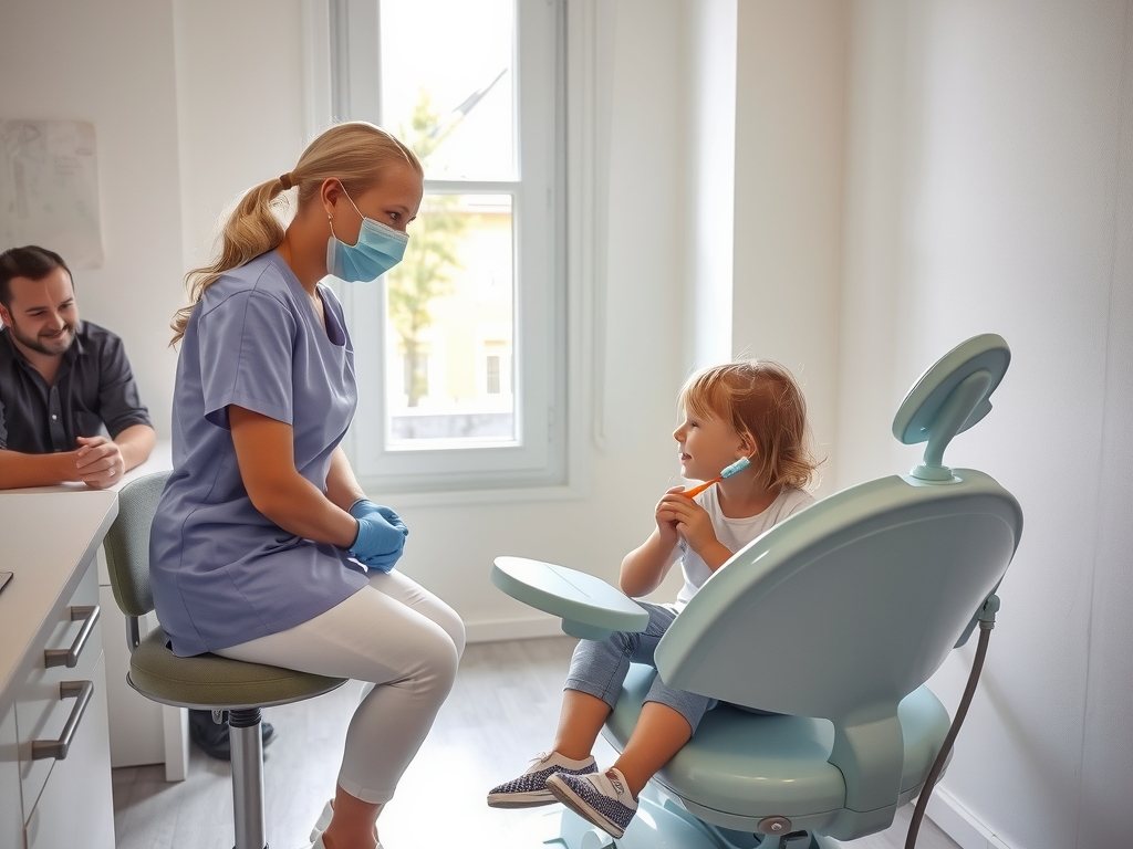 Hygienistka učí holčičku čistit zuby